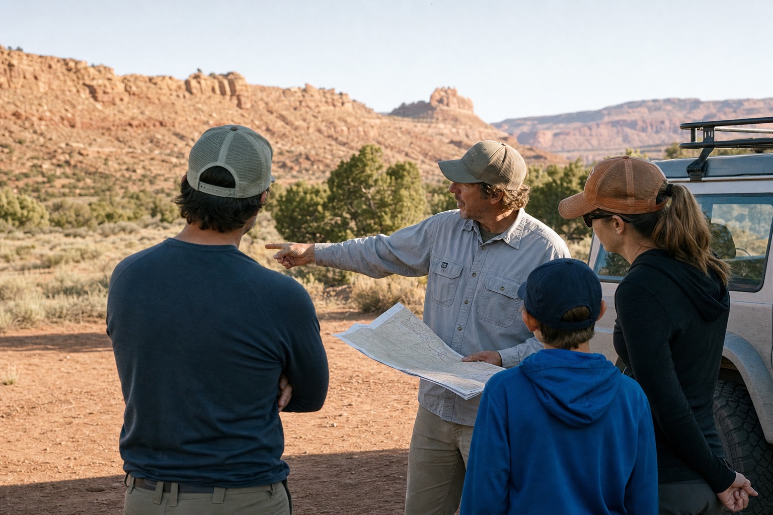 A local guide discussing a paper map with a family at a Moab trailhead