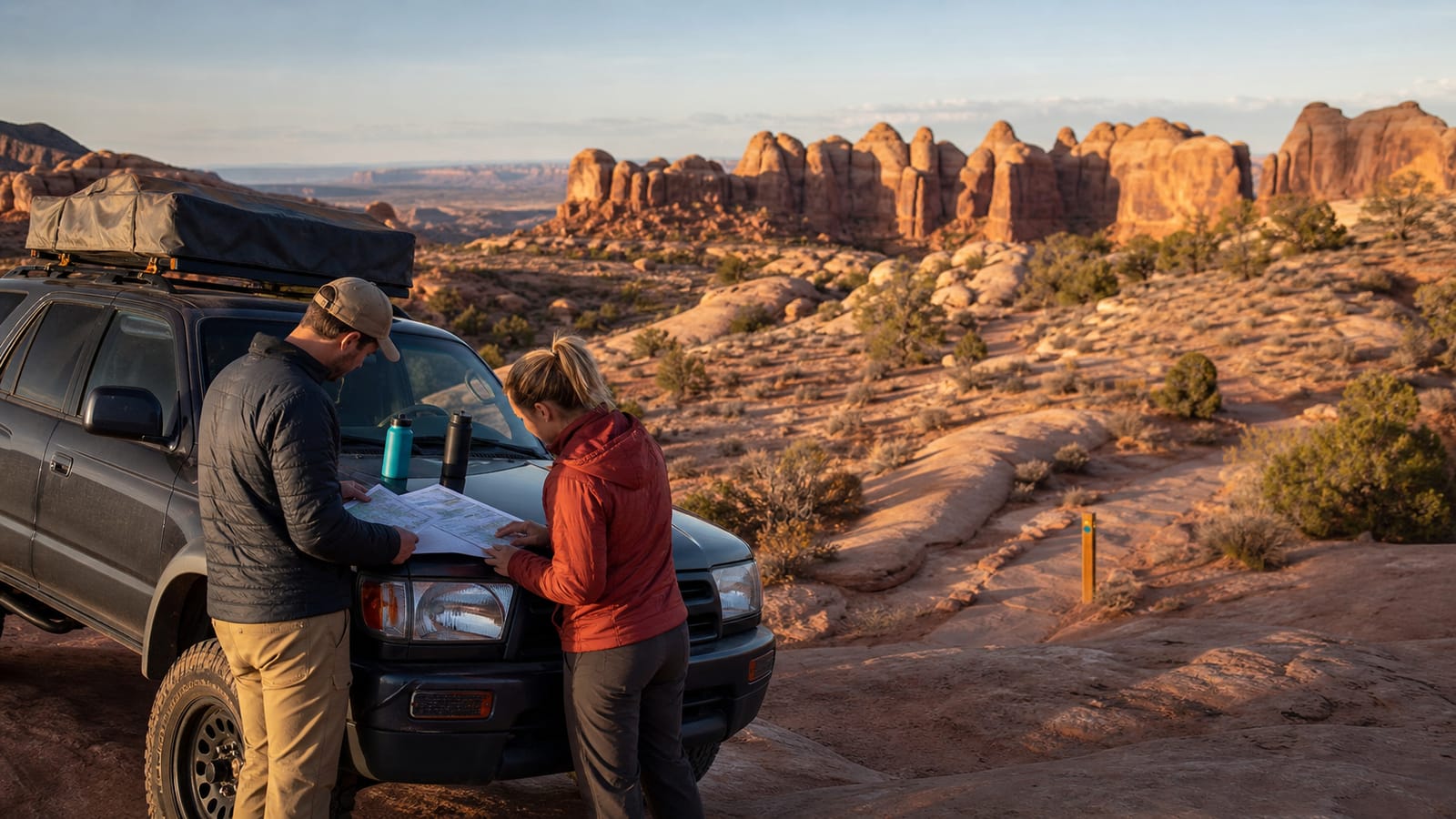 Travelers reviewing a Moab trail plan beside a 4x4 on red slickrock